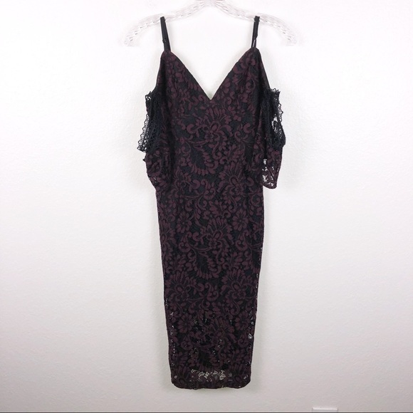 Bardot Dress Womens 6 Lace floral cold shoulder midi Bodycon Burgundy I - Picture 8 of 9
